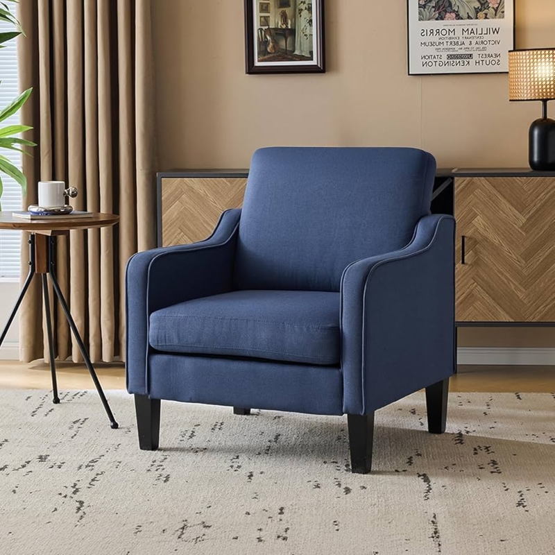 Navy Blue Accent Chair with Black Tapered Legs and Linen-Like Texture