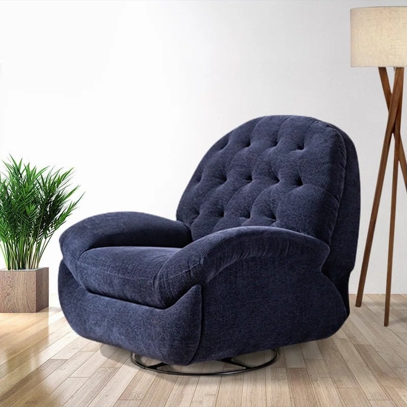 Navy Blue Chenille Swivel Recliner with Button Tufting