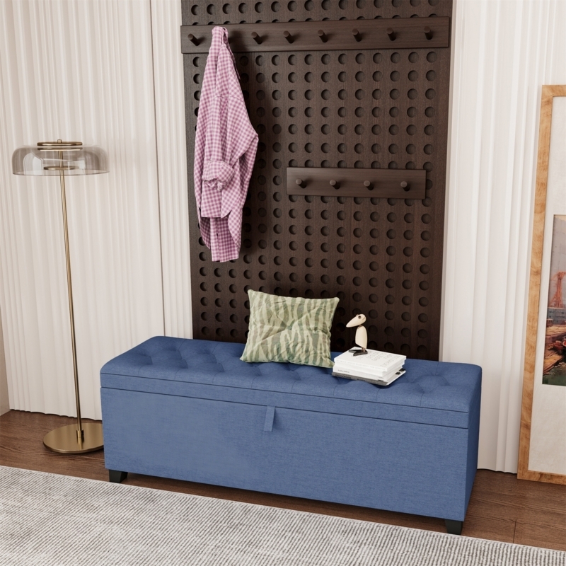 Navy Blue Extra Long Storage Bench with Diamond Tufted Top