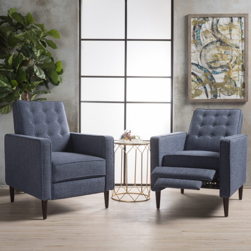 Navy Blue Fabric Pushback Recliner with Button Tufted Back