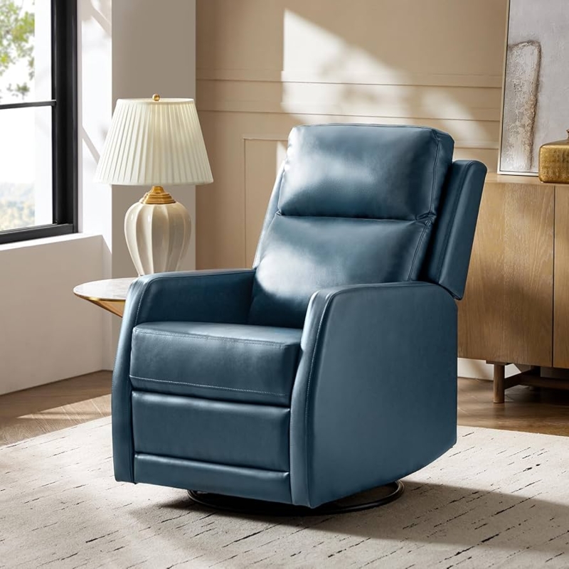 Navy Blue Leather-Like Swivel Recliner with Segmented Backrest