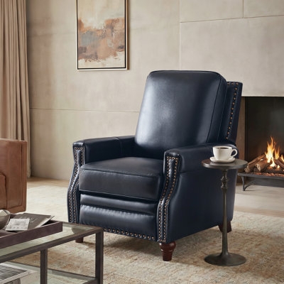 Navy Blue Leather Recliner Chair with Nailhead Trim Accent