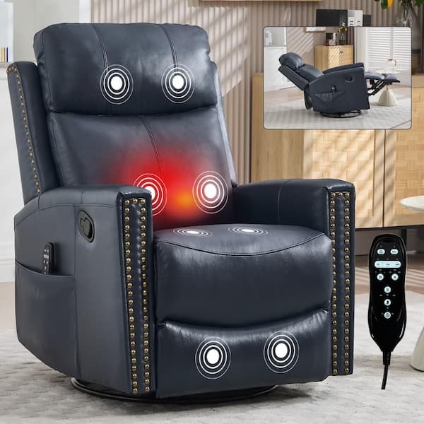 Navy Blue Leather Recliner With Nailhead Trim And Swivel