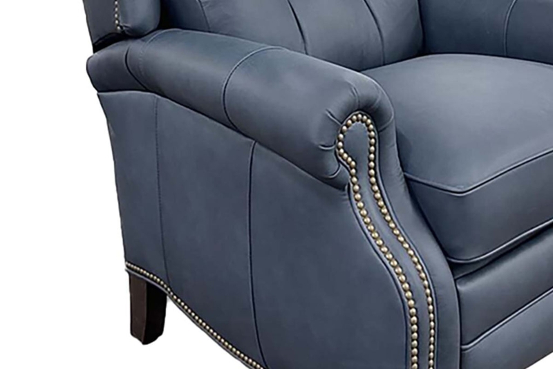 Navy Blue Leather Recliner with Rolled Arms and Brass Nailhead Trim