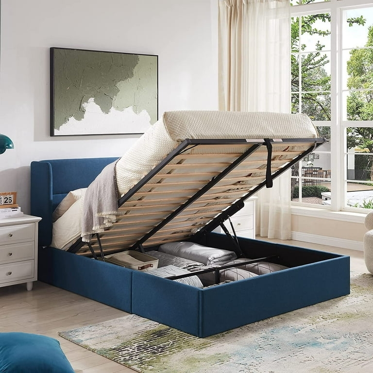 Navy Blue Linen Texture Storage Bed with Lift Up Base