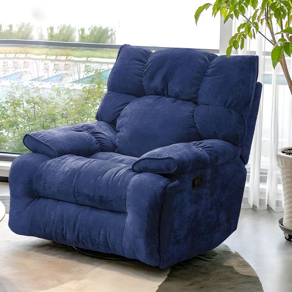 Navy Blue Overstuffed Swivel Rocker Recliner Chair