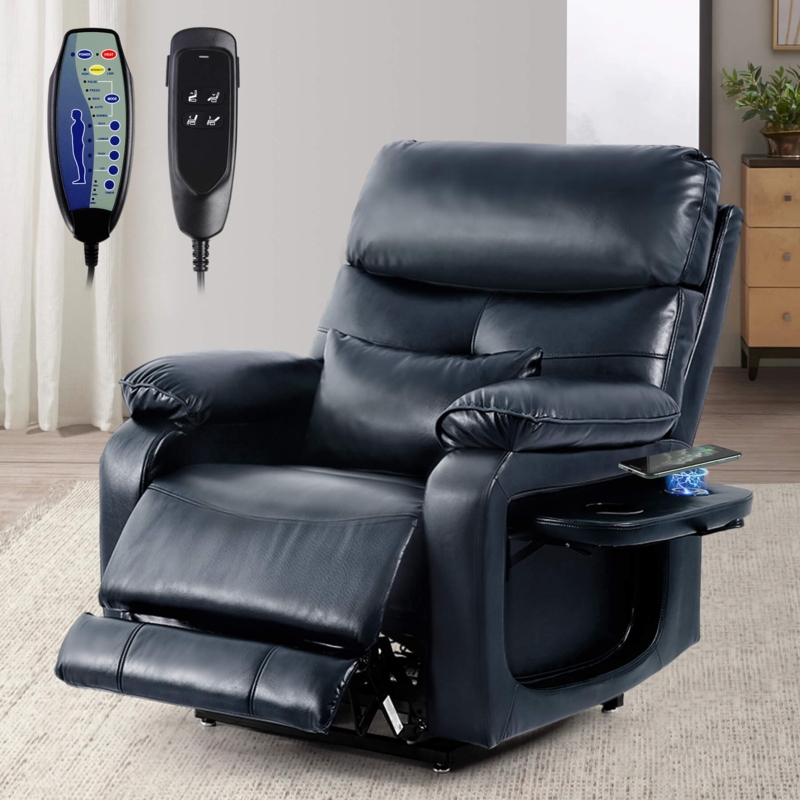 Navy Blue Power Lift Recliner Leather Like Wireless Charging Tray