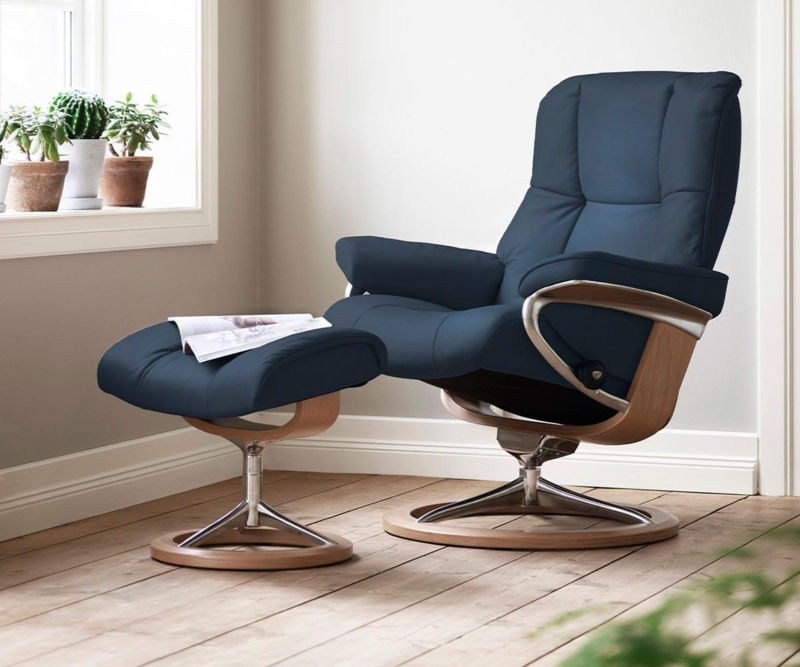 Navy Blue Recliner Ottoman Signature Base Mixed Material Swivel