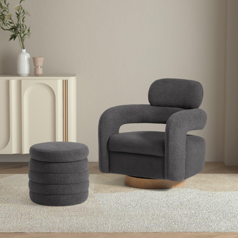 Navy Blue Sherpa Swivel Barrel Accent Chair with Ribbed Storage Ottoman