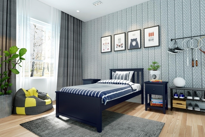Navy Blue Twin Bed with Slatted Headboard for Modern Transitional Room.