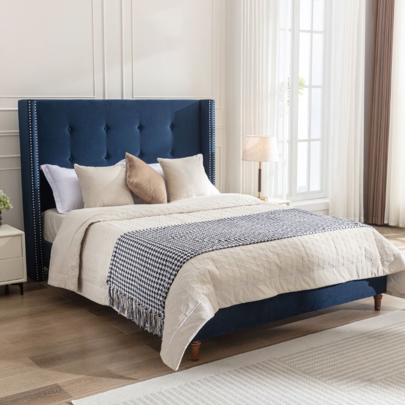 Navy Blue Upholstered Wingback Bed with Nailhead Trim