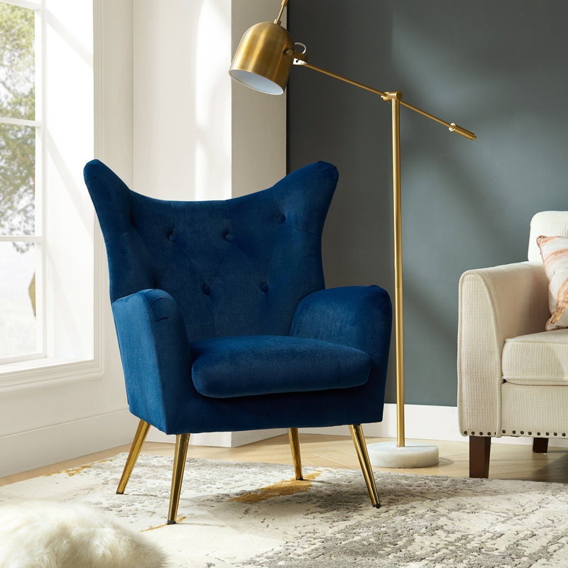 Navy Blue Velvet Accent Chair Button Tufted Wingback Gold Legs