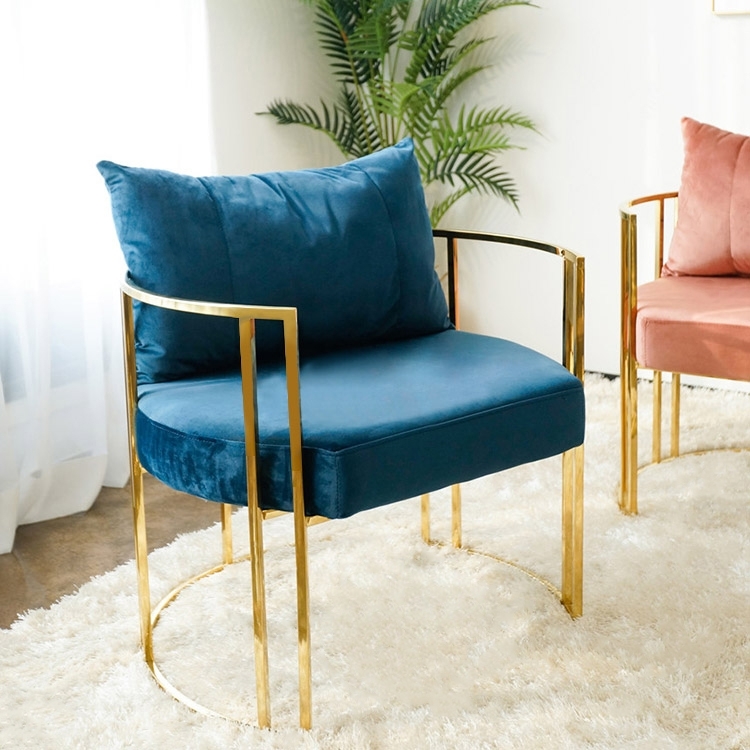 Navy Blue Velvet Barrel Chair with Geometric Metal Frame and Pillow