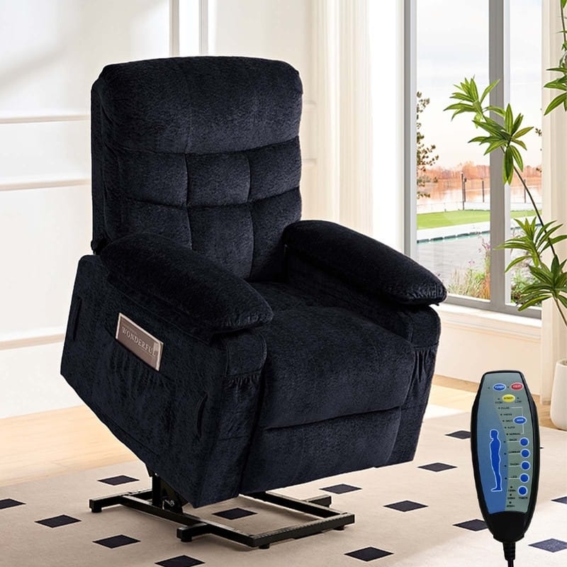Navy Blue Velvet Power Lift Recliner, Dual Motor Remote