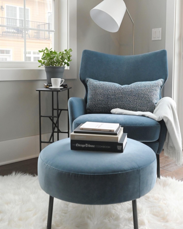 Navy Blue Velvet Wingback Accent Chair with Matching Ottoman