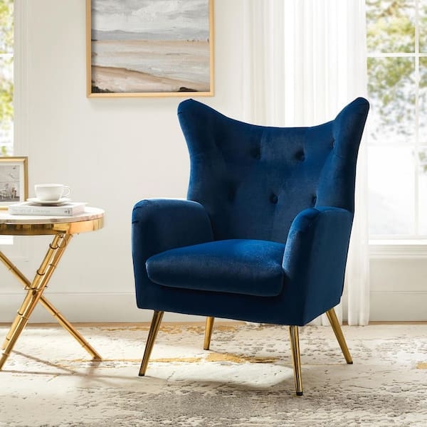 Navy Blue Velvet Wingback Chair with Gold Tapered Legs