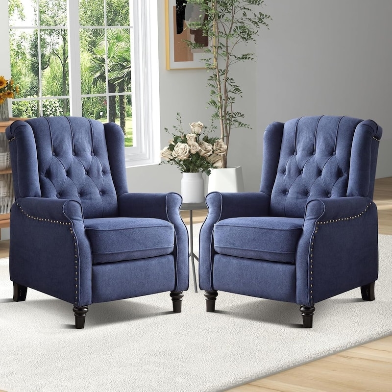 Navy Blue Wingback Recliner with Button Tufting and Nailhead Trim