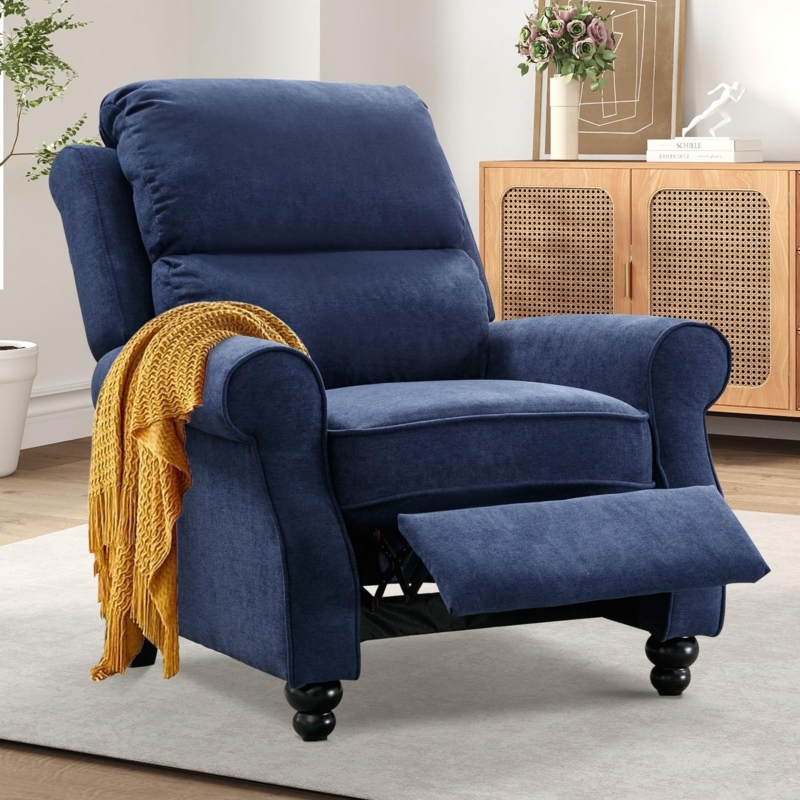 Navy Manual Pushback Recliner with Rolled Arms and Turned Legs