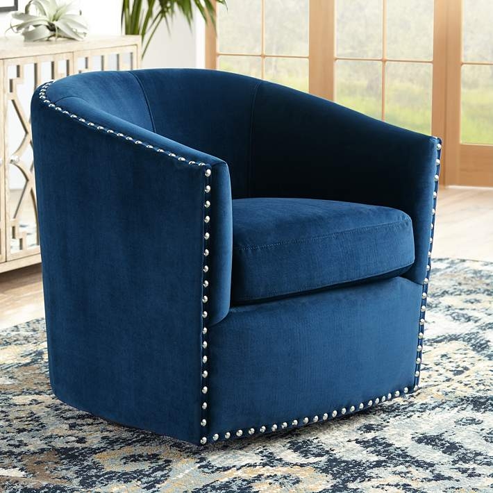 Navy Velvet Accent Chair, Swivel Barrel with Silver Nailhead Trim