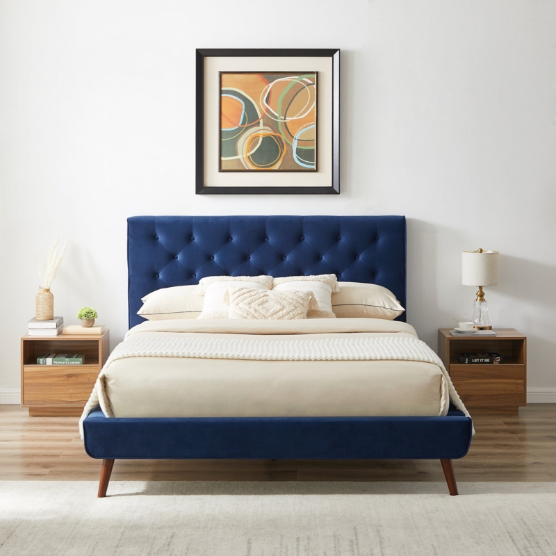 Navy Velvet Platform Bed with Diamond Tufting and Wood Legs