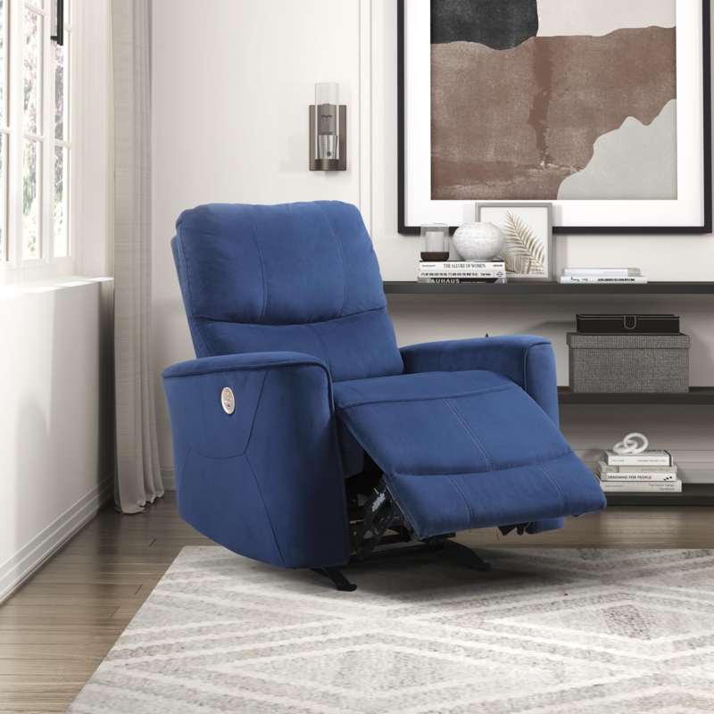 Navy Velvet Power Recliner with Channeled Backrest