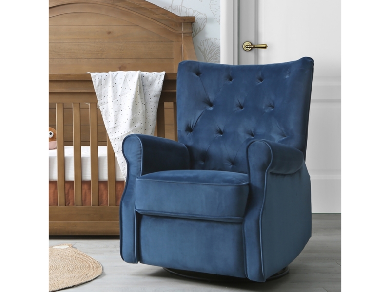 Navy Velvet Swivel Recliner with Button Tufted Wingback Silhouette