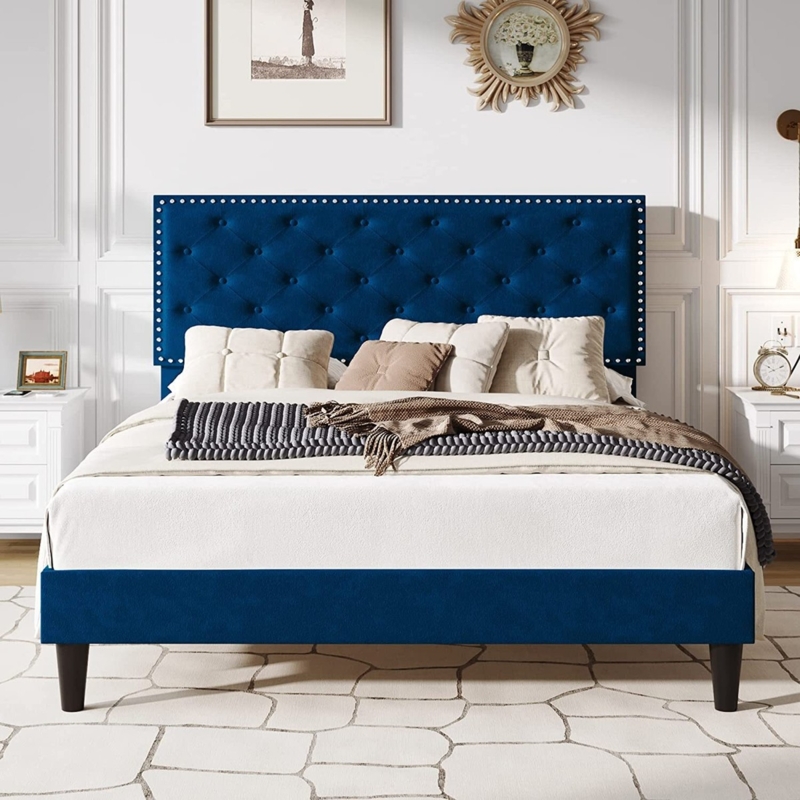 Navy Velvet Upholstered Bed with Diamond Tufting and Nailhead Trim