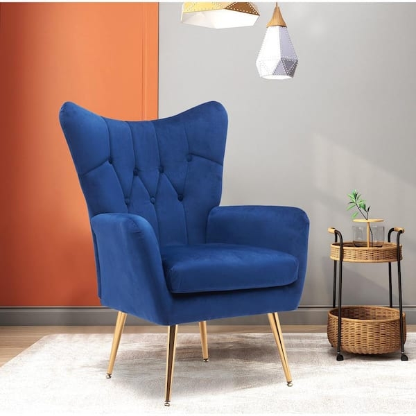 Navy Velvet Wingback Chair with Diamond Tufting & Gold Legs