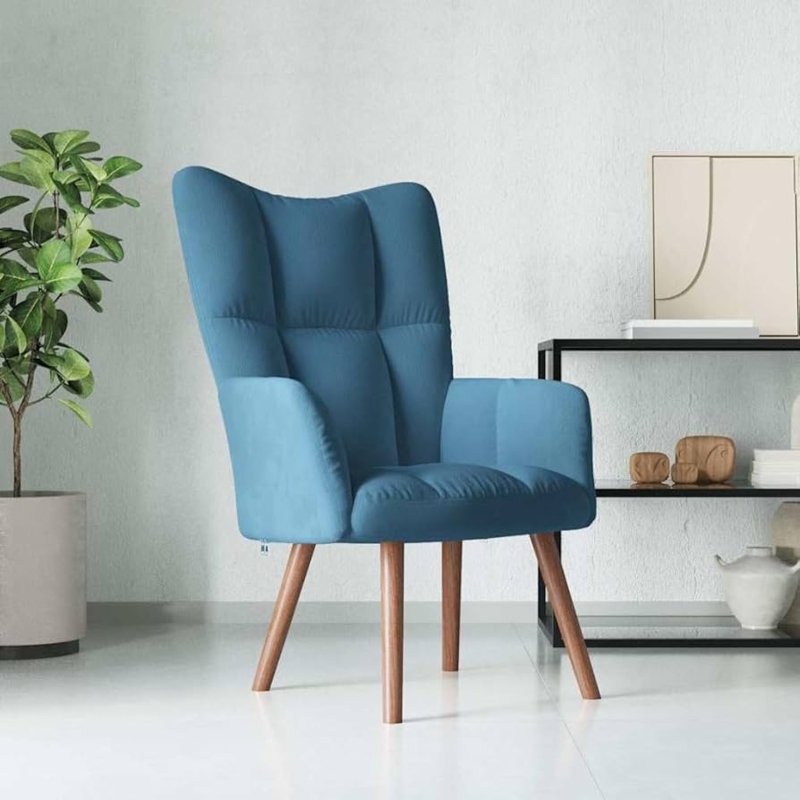 Navy Velvet Wingback Chair with Grid Tufting and Tapered Wood Legs