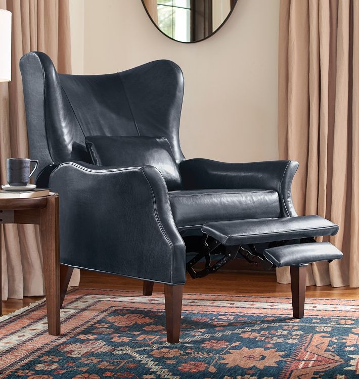 Navy Wingback Recliner with Tapered Legs, Distressed Leather-Like Finish