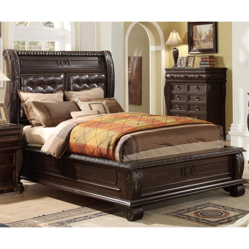 Neoclassical Sleigh Bed with Button Tufted Leather-like Headboard