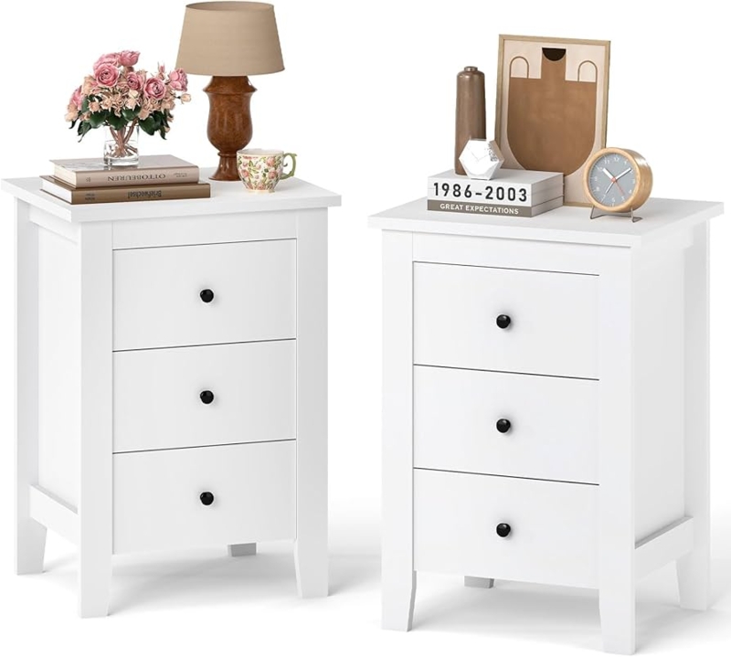 Nightstand 3-Drawer Round Black Knobs Modern Bedside