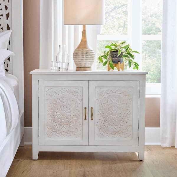 Nightstand Carved Mandala Doors Gold Pulls Boho Cabinet