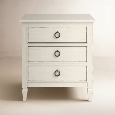 Nightstand Distressed Off-White Three Drawers Dark Ring Pulls Cottage
