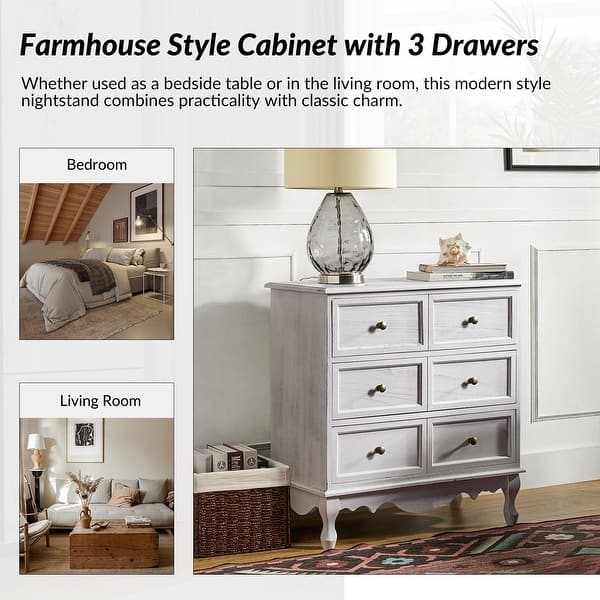 Nightstand Distressed Walnut Three Drawers Knurled Gold Knobs