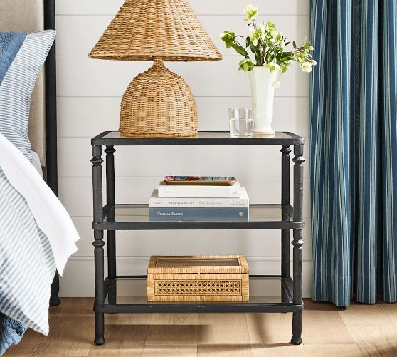 Nightstand: Minimalist Antique Brass Bedside Table with Glass Tiers