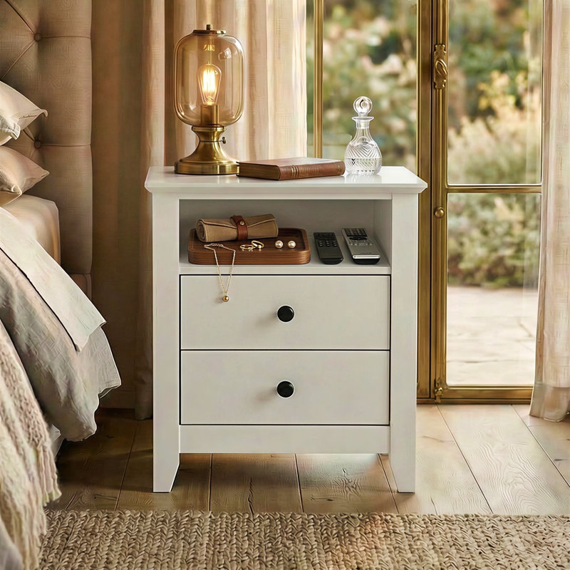 Nightstand Open Shelf 2-Drawer Black Knobs Transitional