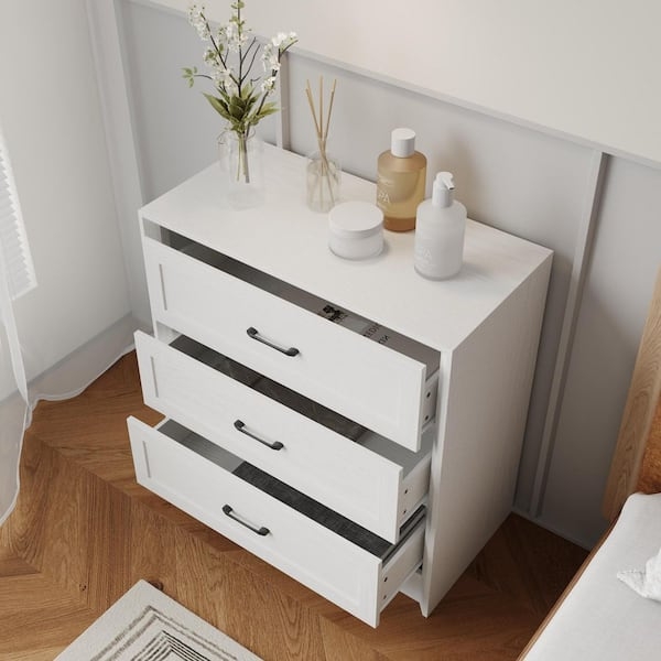 Nightstand Recessed Panels 3-Drawer Slim Black Pulls Shaker