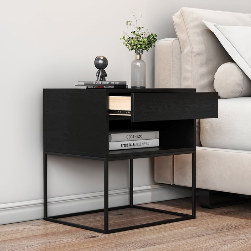 Nightstand, Square Metal Base, Open Shelf, Wood Grain Finish