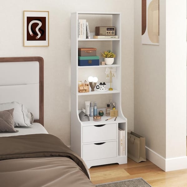 Nightstand White Tall X-Frame Sides Two Drawers & Bookshelf