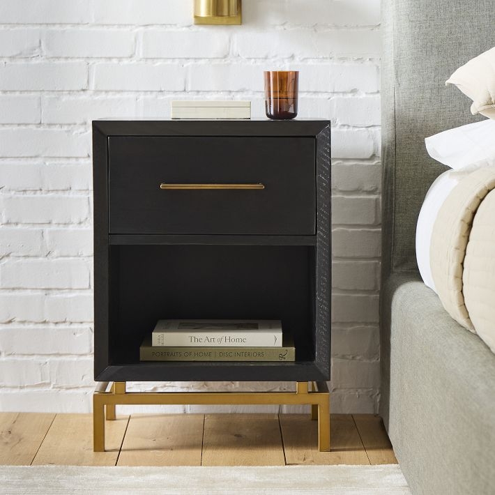 Nightstand with Chevron Drawer and Metal Frame Base, Burnished Black