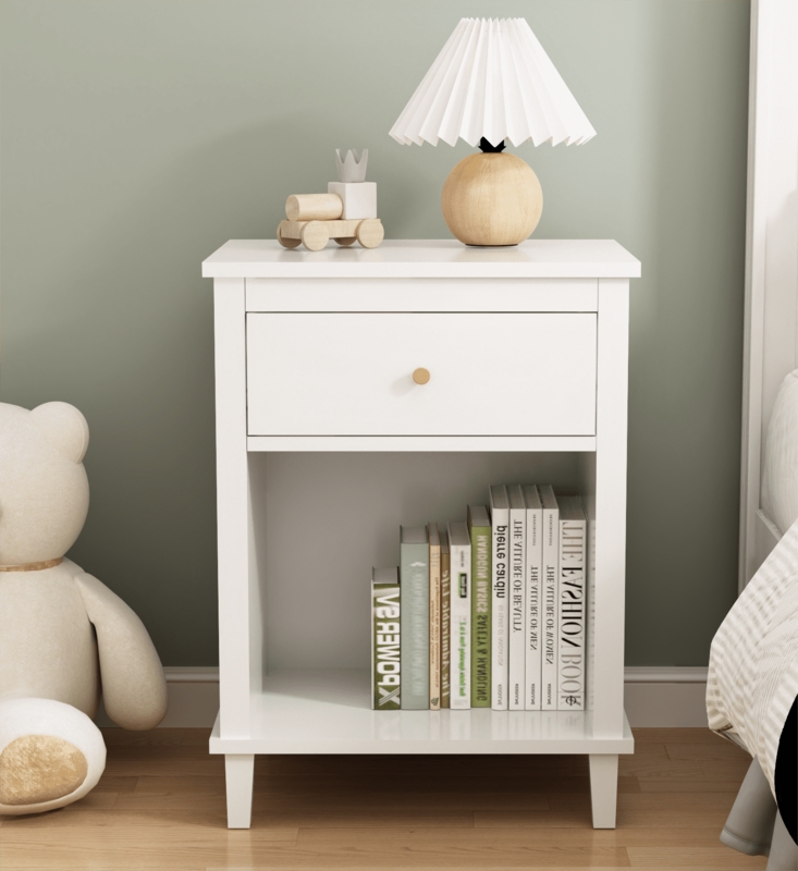 Nightstand with Open Shelf and Wood Legs Scandinavian Bedside Table