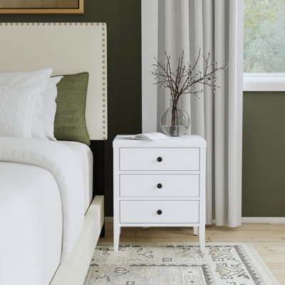 Nightstand with Three Drawers, Matte White Finish, and Black Round Knobs