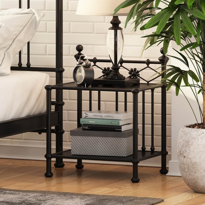 Nightstand, Wrought Iron, Ball Finials, Spindle Sides, Vintage Style