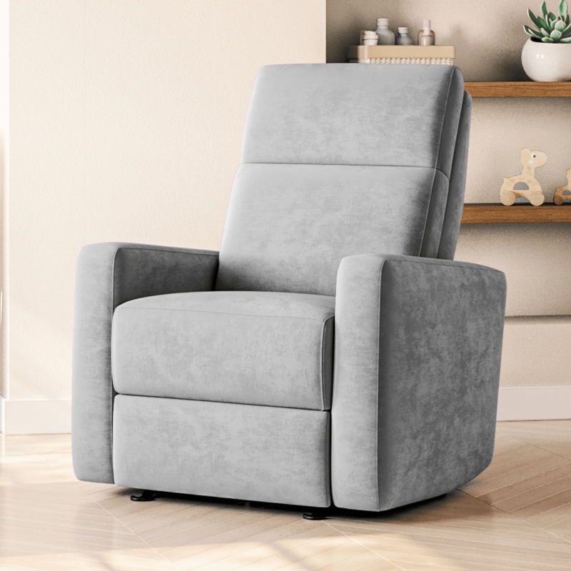 Nursery Glider Recliner with Squared Arms in Light Gray Upholstery