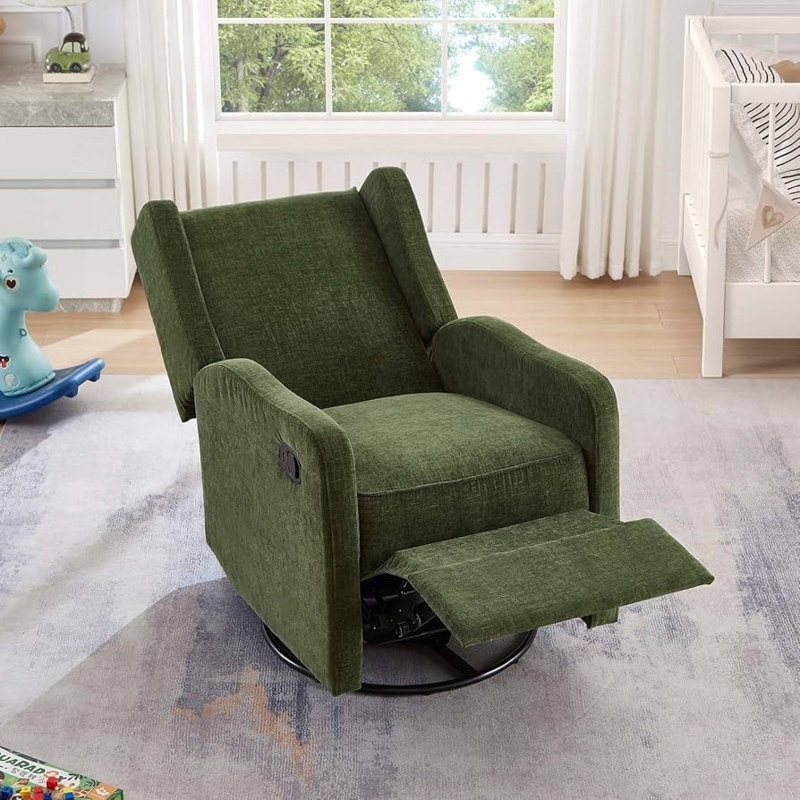 Nursery Glider Wingback Swivel Recliner in Forest Green Chenille