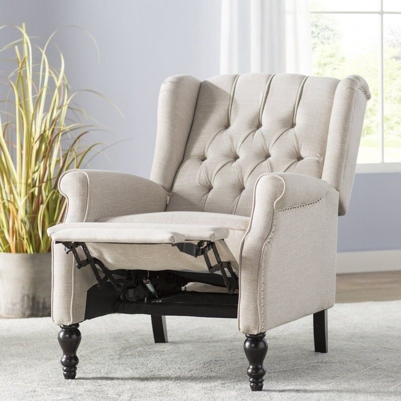 Oatmeal Linen Look Wingback Recliner with Nailhead Trim and Tufting