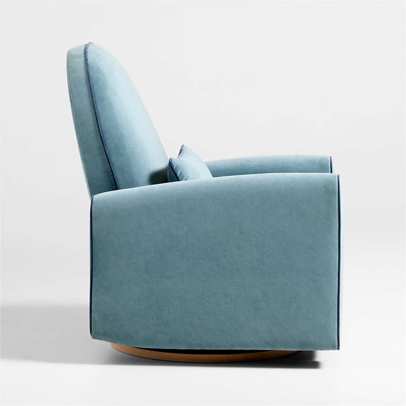 Ocean Blue Velvet Nursery Swivel Recliner with Wooden Base and Piping