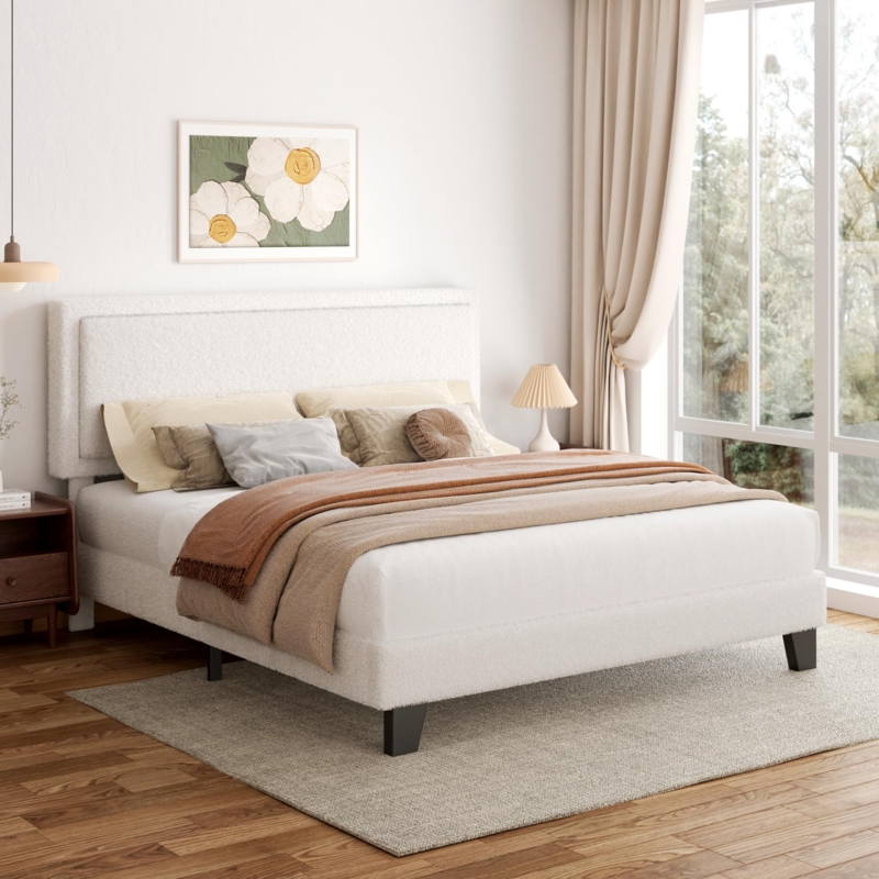 Off-White Boucle Platform Bed Frame Recessed Headboard
