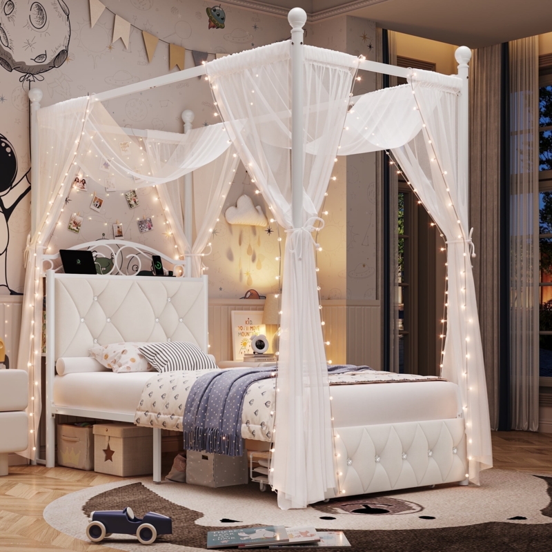 Off-White Crystal Tufted Canopy Bed with Sheer Drapes and Storage